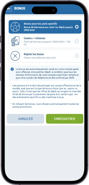 Sélectionnez un bonus de bienvenue