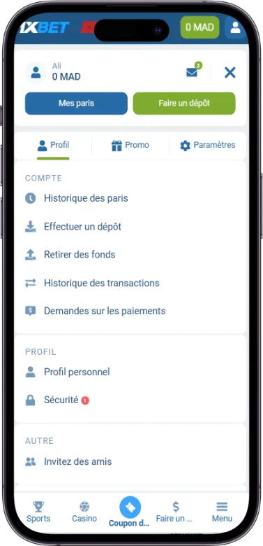 1xbet page du profil